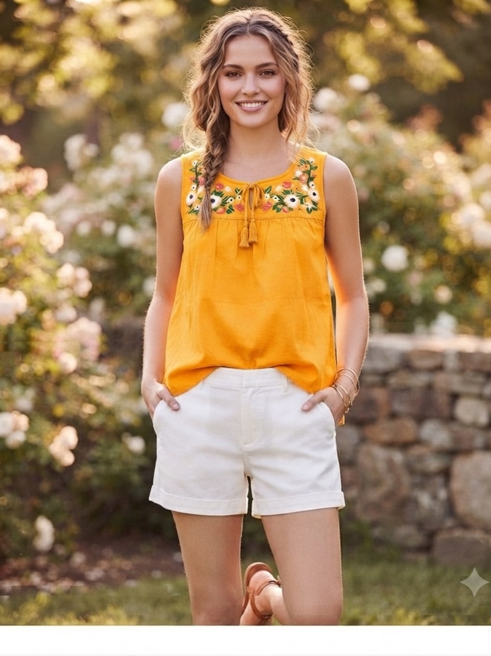 J. Crew Embroidered Floral Boho Linen Blend Tank